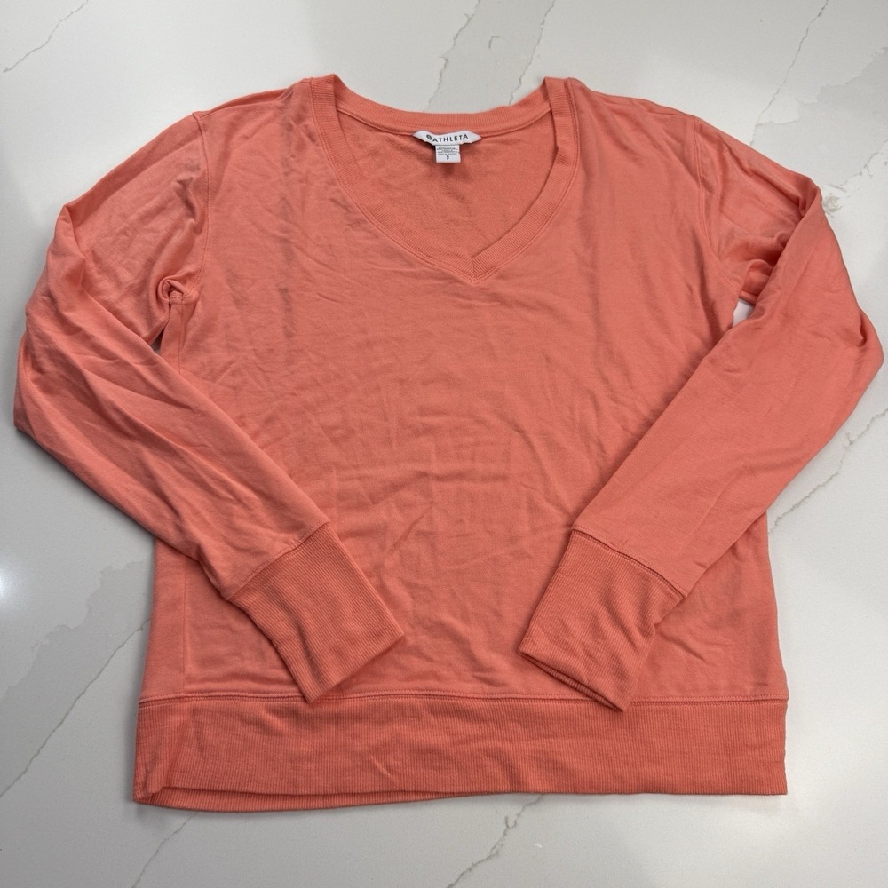 Athleta Sunrise V-Neck Sweatshirt‎ Womens Small Peach Thumbholes Ultra Soft